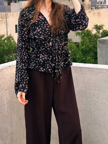 Parien Butterfly Printed Tie Front Flare Sleeve Blouse
