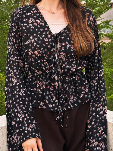 Parien Butterfly Printed Tie Front Flare Sleeve Blouse