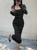 Parien Crew Neck Long Sleeve Fitted Elegant Striped Sweater Dress