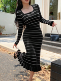 Parien Crew Neck Long Sleeve Fitted Elegant Striped Sweater Dress