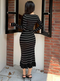 Parien Crew Neck Long Sleeve Fitted Elegant Striped Sweater Dress