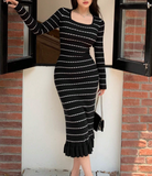 Parien Crew Neck Long Sleeve Fitted Elegant Striped Sweater Dress