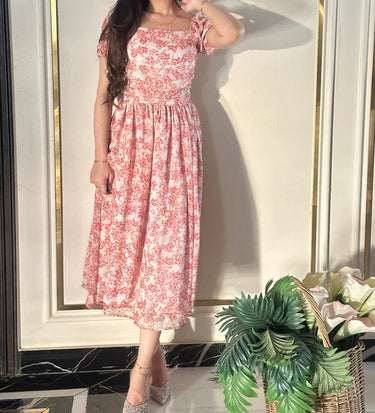 Parien Cute Pink Floral Print Square Neck Chiffon Dress