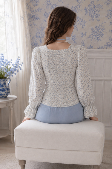 Parien Floral Lace Up White & Blue Top