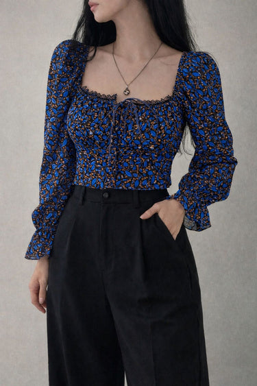 Parien Floral Laced Chiffon Long Sleeve Top(CLEARANCE SALE)