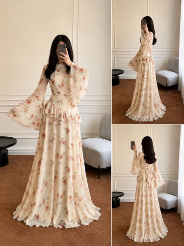Parien Floral Ruffle Trim Tie-Waist Flare Sleeve Dress
