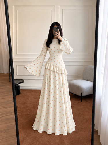 Parien Floral Ruffle Trim Tie-Waist Flare Sleeve Dress