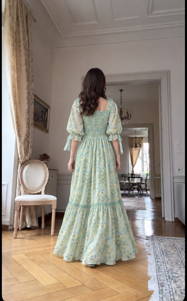 Parien Floral Tie Shoulder Lace Up Sage Dress
