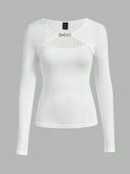 Parien white Knit Rib Solid Cut Out Front Tee