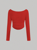 Parien Red Long Sleeves Slim Fit Knit Rib Top