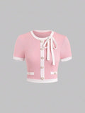 Parien MOD Pink Contrast Trim Tie Front Top