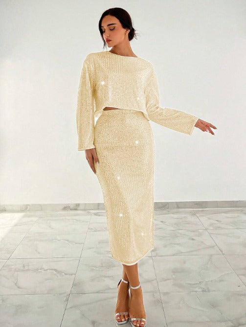 Parien Round Neck Long Sleeve Sequined Top And Skirt Set