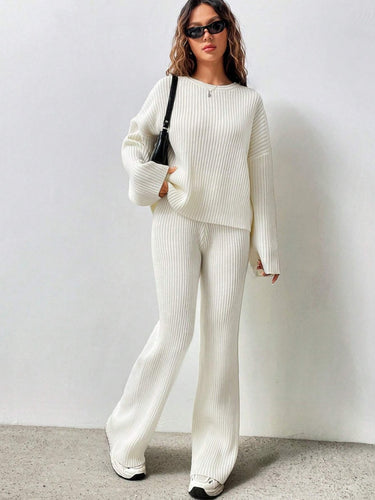 Parien Solid Color Drop Shoulder Sweater And Knitted Wide Leg Pants Loose Two-Piece Set