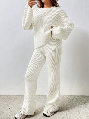 Parien Solid Color Drop Shoulder Sweater And Knitted Wide Leg Pants Loose Two-Piece Set