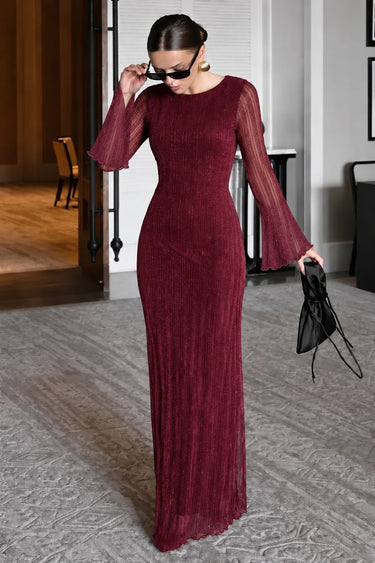 Parien Striped Glitter Flare Sleeve Round Neck Dress