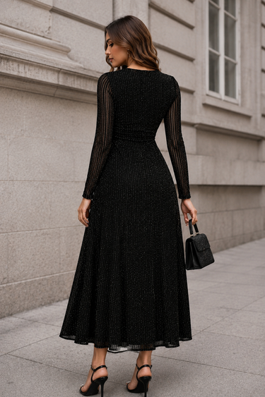 Parien Striped Metallic Shiny Mesh Ruched Party Dress