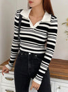 Parien Striped Pattern V-collar Ribbed Knit Sweater