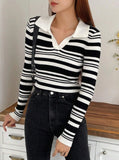 Parien Striped Pattern V-collar Ribbed Knit Sweater