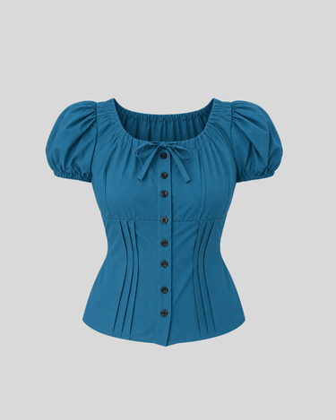 Parien Teal Tie-Neck Vintage Puff-Sleeve Top