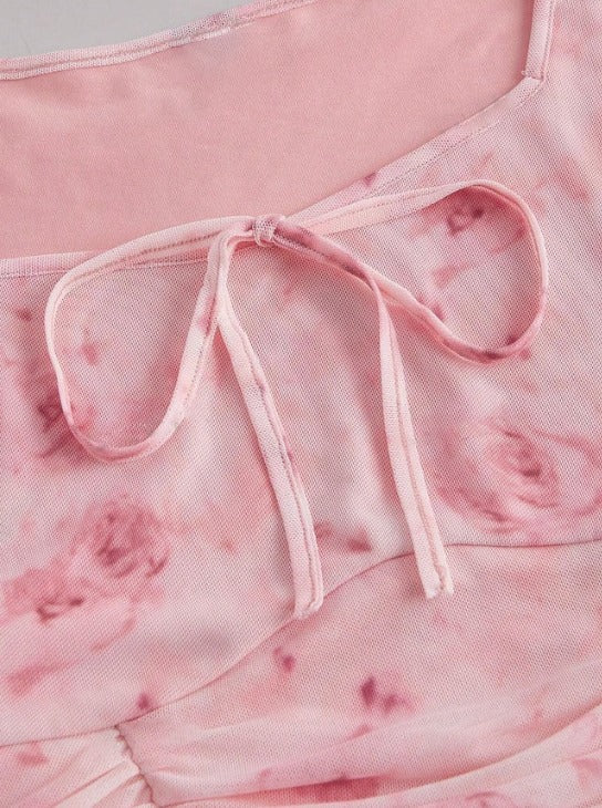 Parien Tie Dye Knot Front Flounce Sleeve Crop Top