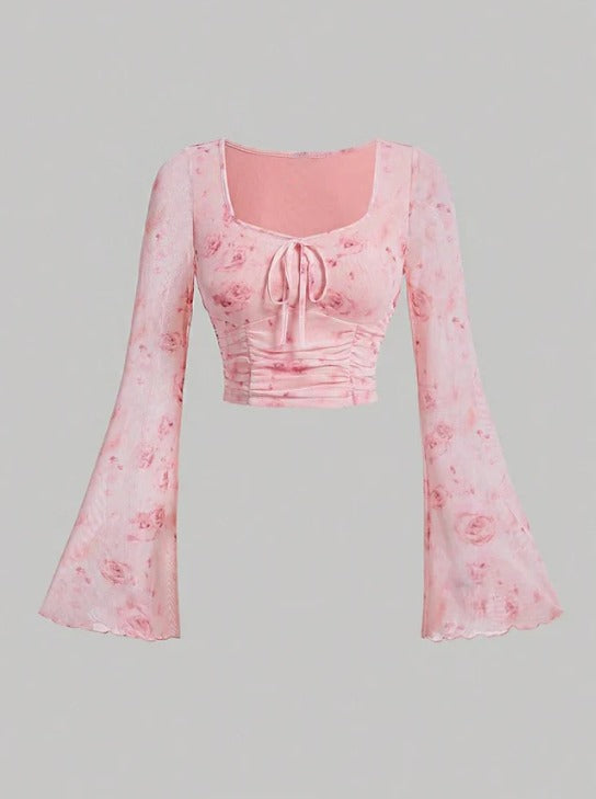 Parien Tie Dye Knot Front Flounce Sleeve Crop Top
