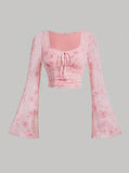 Parien Tie Dye Knot Front Flounce Sleeve Crop Top