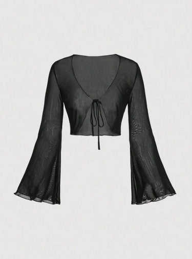 Parien V-Neck Tie Front Bell Sleeve Versatile outwear Top(Clearance sale )