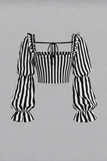 Parien Vertical Striped Square Neck Ruffle Trim Top