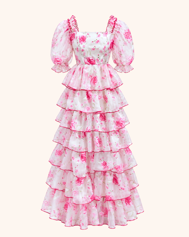 Parien  White And Pink Floral Organza Dress