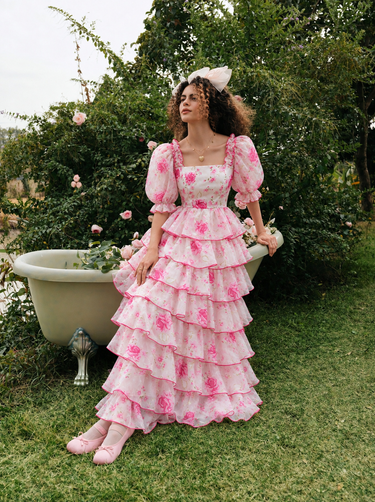 Parien  White And Pink Floral Organza Dress