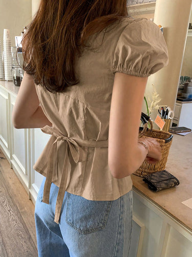 Parien Fitted Tie-Waist Petal Sleeve Fitted Short Sleeve Top