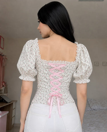 Parien Floral Pink Ribbon Detail Top