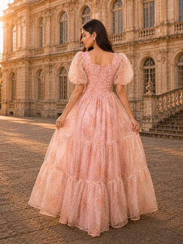 Peach Floral Rhinestone Bridgerton Dress