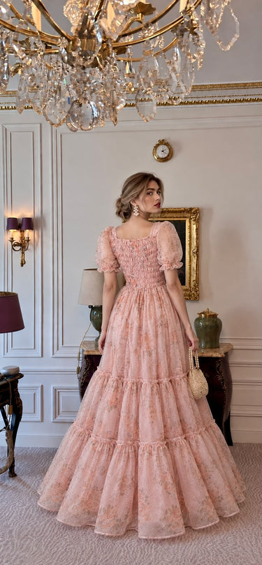 Peach Floral Rhinestone Bridgerton Dress