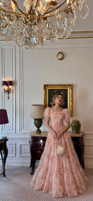 Peach Floral Rhinestone Bridgerton Dress