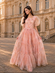 Peach Floral Rhinestone Bridgerton Dress