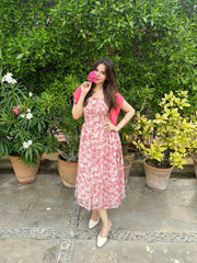 Pink Square Neck Pleated Floral Midi Dress