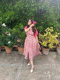 Pink Square Neck Pleated Floral Midi Dress