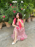Pink Square Neck Pleated Floral Midi Dress