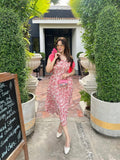 Pink Square Neck Pleated Floral Midi Dress