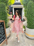 Pink Square Neck Pleated Floral Midi Dress