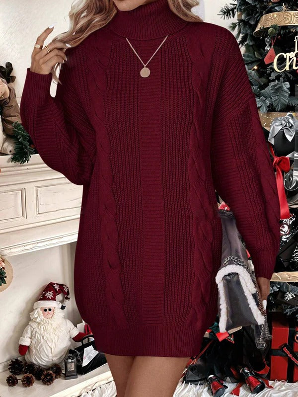 Plain High Neck Long Sleeve Minimalist Short Knit Sweater Dress