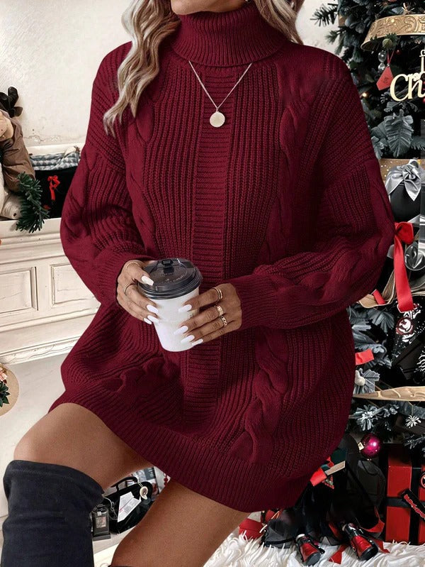 Plain High Neck Long Sleeve Minimalist Short Knit Sweater Dress
