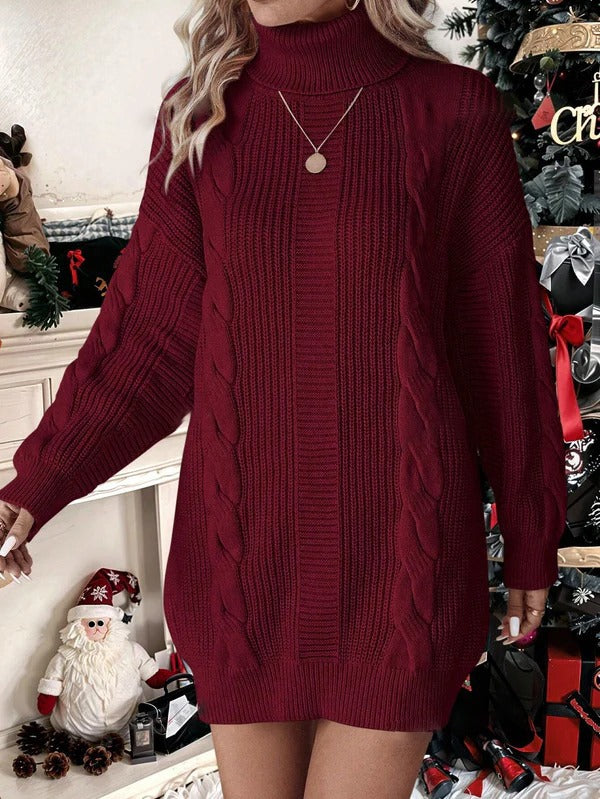 Plain High Neck Long Sleeve Minimalist Short Knit Sweater Dress