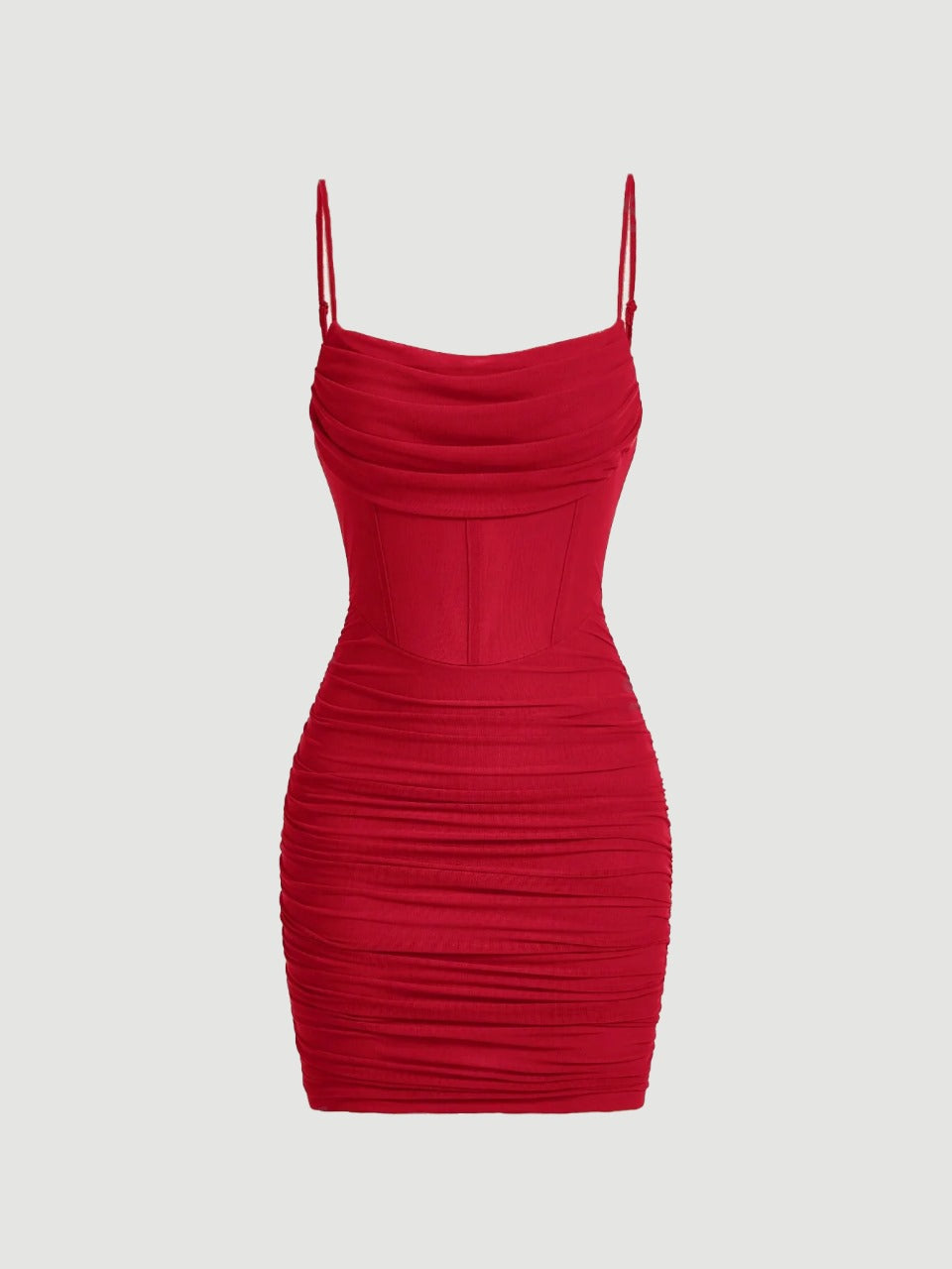 Red Date Night Solid Ruched Mesh Cami Dress