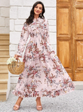 Floral Print Tie Neck Flounce Sleeve Ruffle Hem Dress