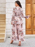 Floral Print Tie Neck Flounce Sleeve Ruffle Hem Dress