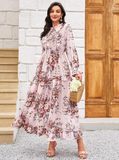 Floral Print Tie Neck Flounce Sleeve Ruffle Hem Dress