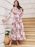 Floral Print Tie Neck Flounce Sleeve Ruffle Hem Dress