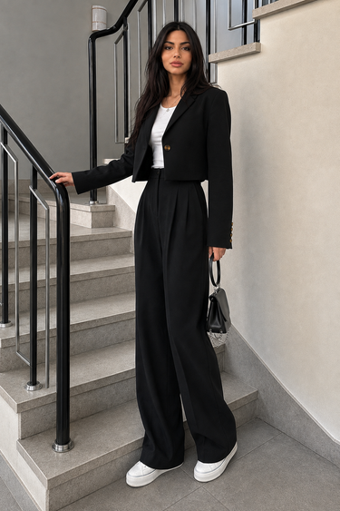 Parien Black Crop Blazer & Pants Two Piece